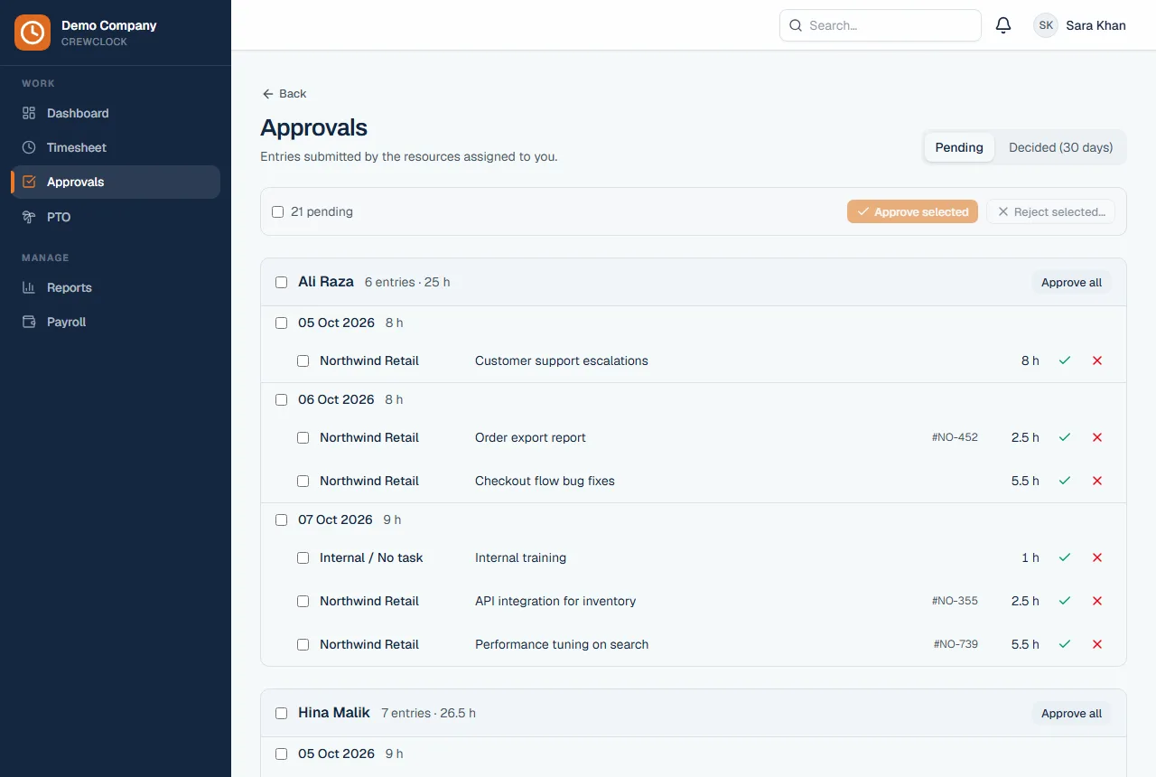 Approvals page with pending entries
