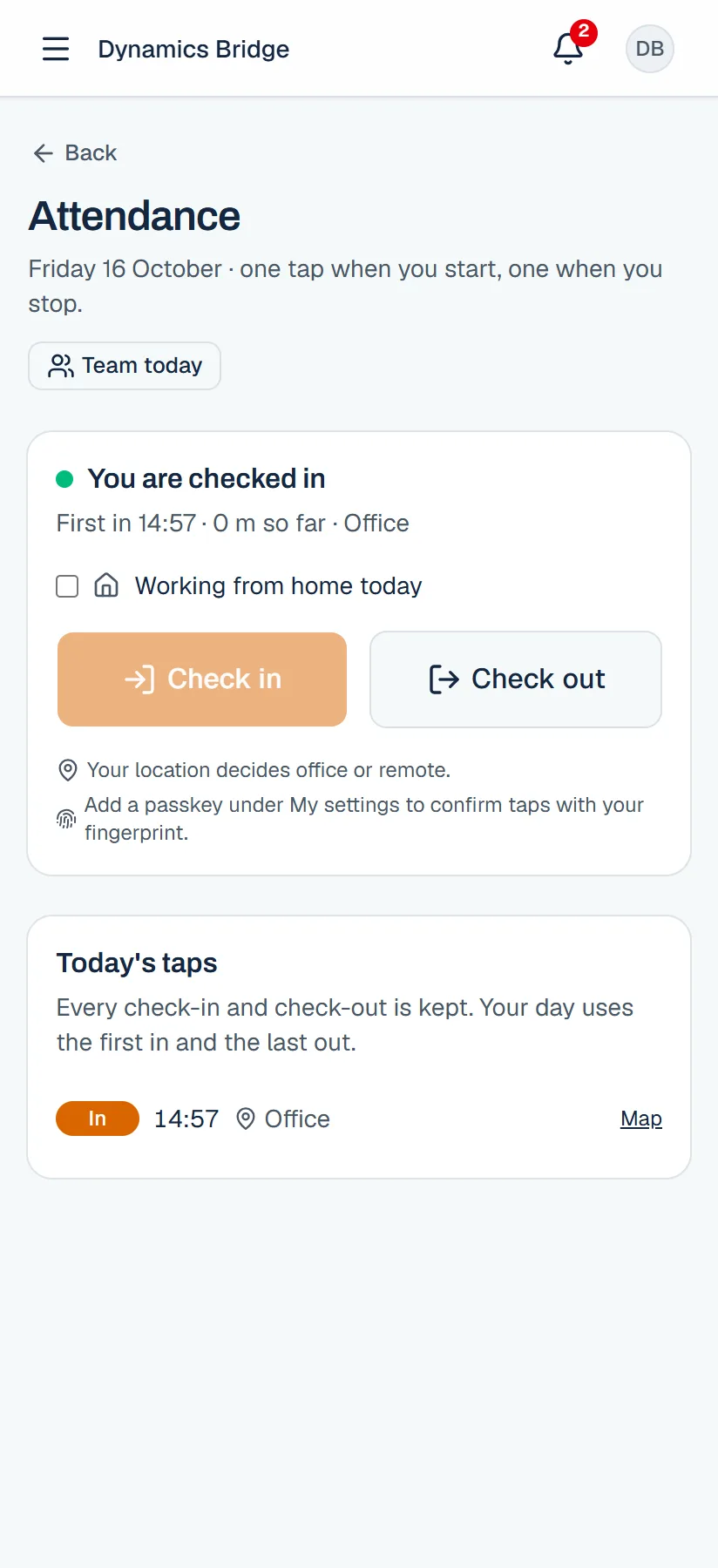 Attendance check-in screen on a phone