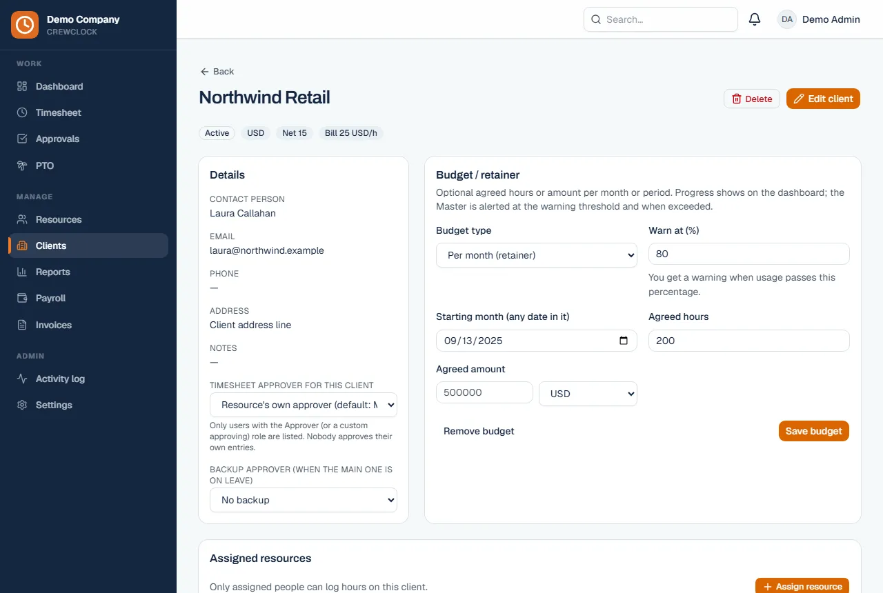 Client page with rates, budget and assignments