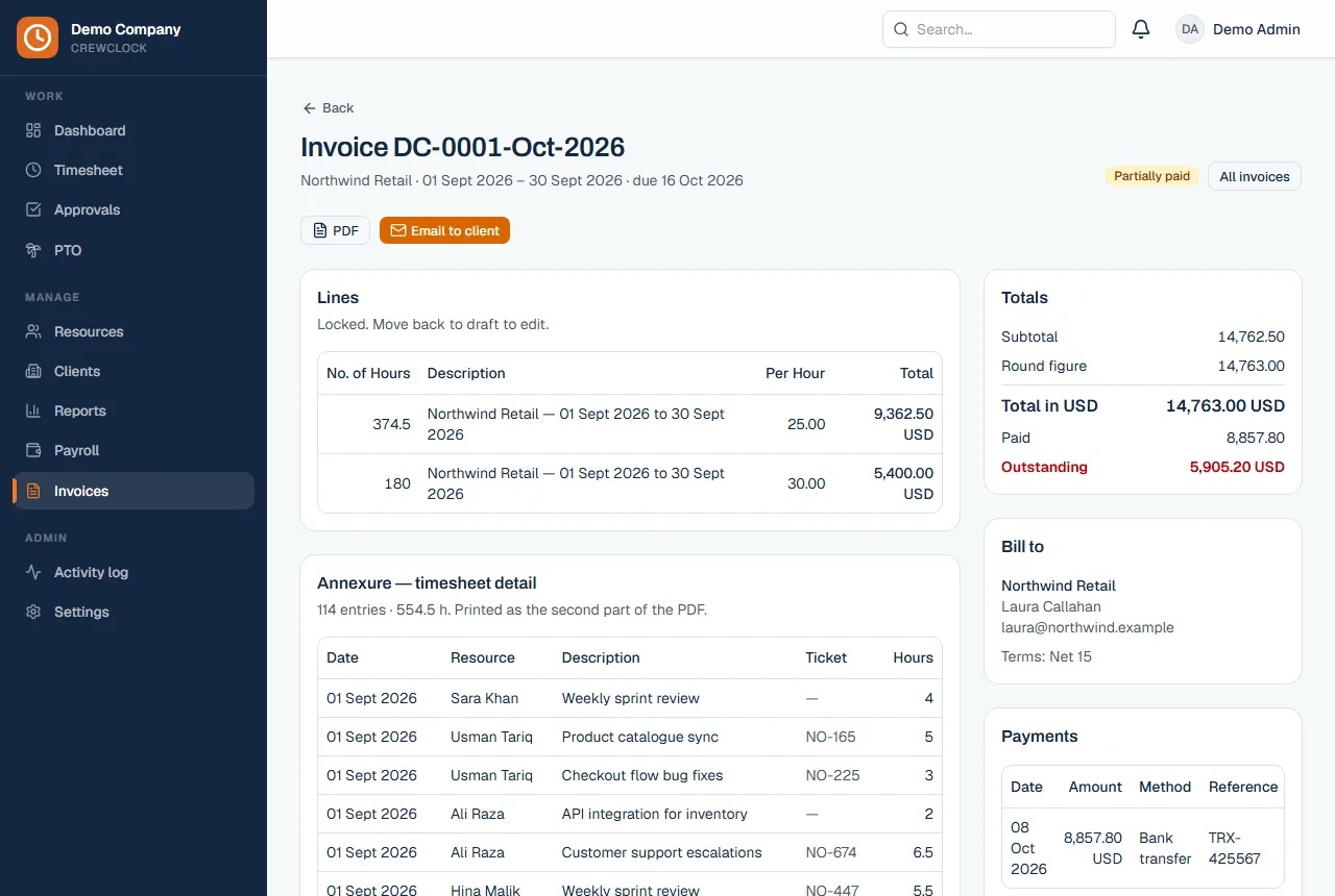 Invoice detail with annexure and payments