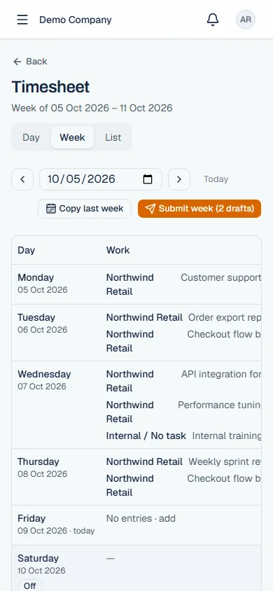 Timesheet entry on a phone