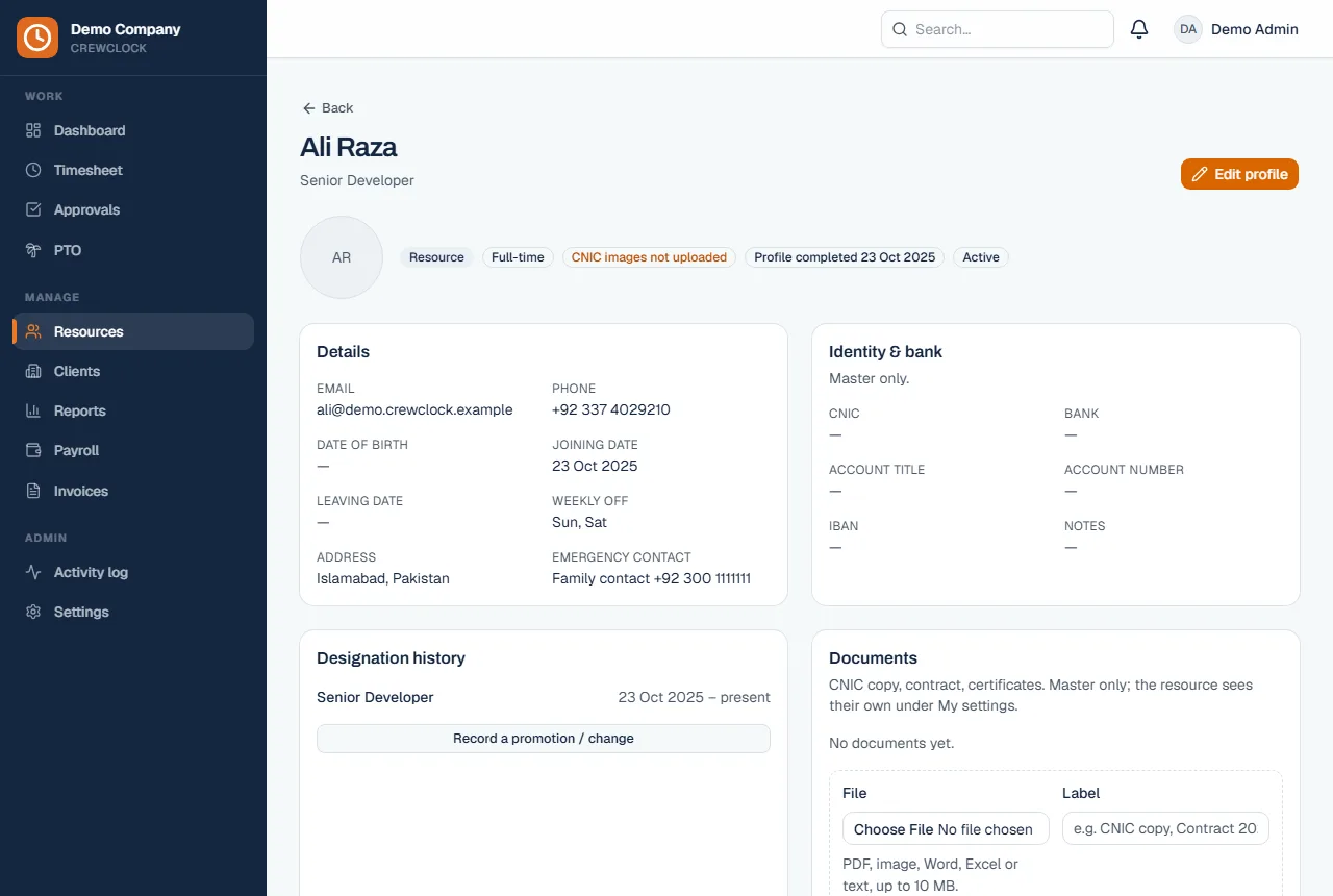 A staff member's profile with details, documents, salary and clients