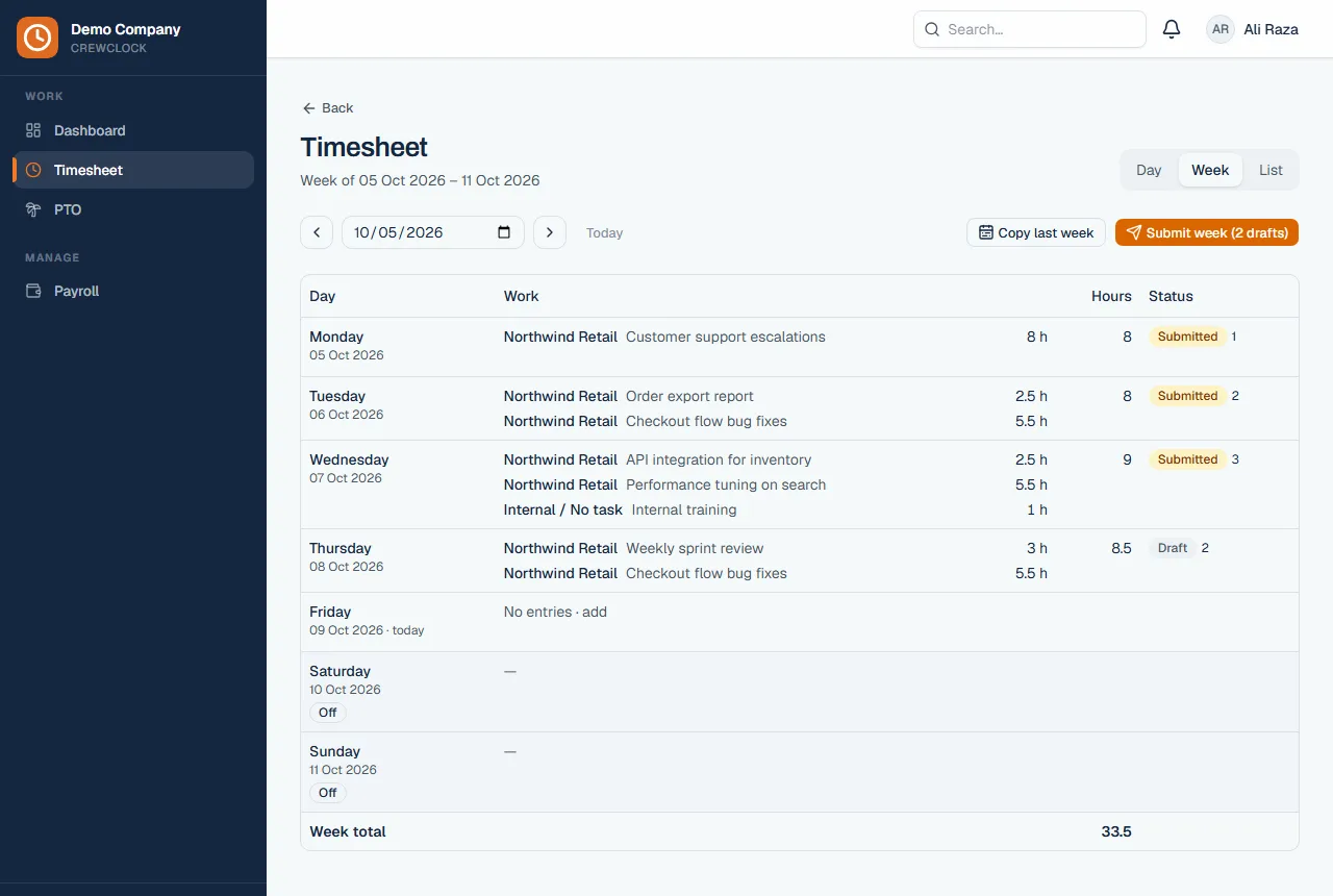 Weekly timesheet view